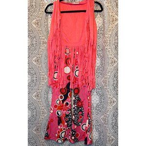 Girls Hippie Costume Set XL With Fringe Vest Flare Pants Heart Glasses & Accesso